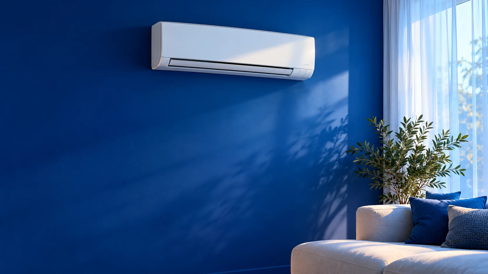 Sunlight falling across a blue living room with a white air conditioner