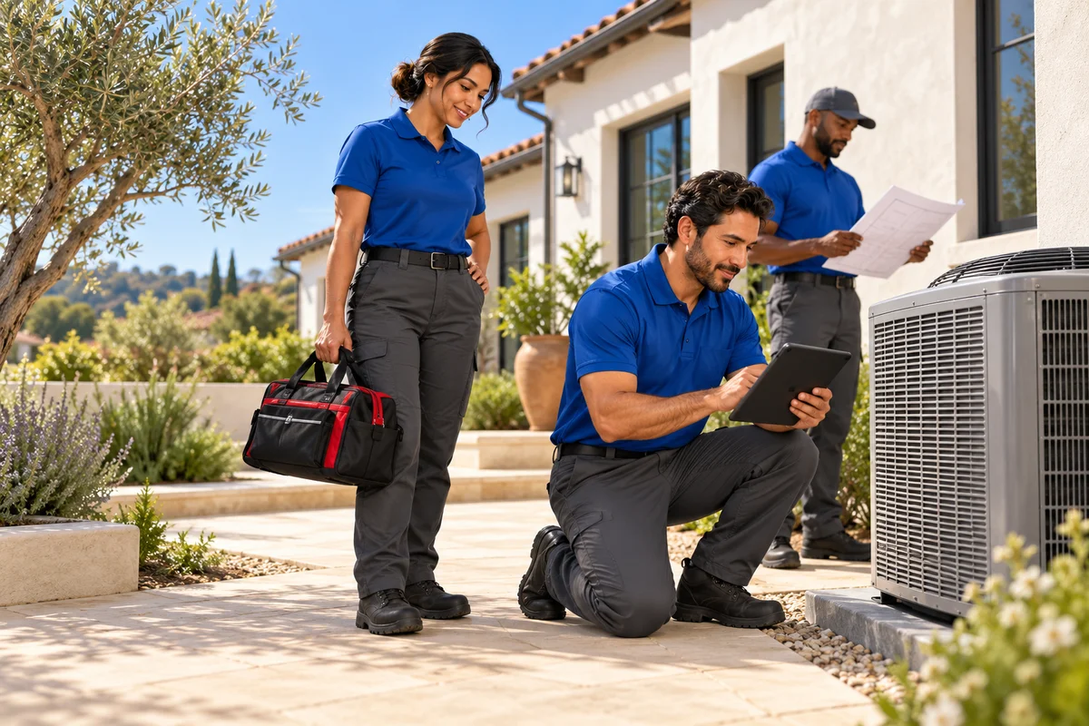 Service illustration showing technicians beside outdoor cooling equipment